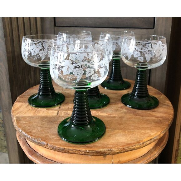 Luminarc France Vintage Grapevine Etching Glasses Beehive Coil Stem Set 6 1970s - Picture 5 of 12